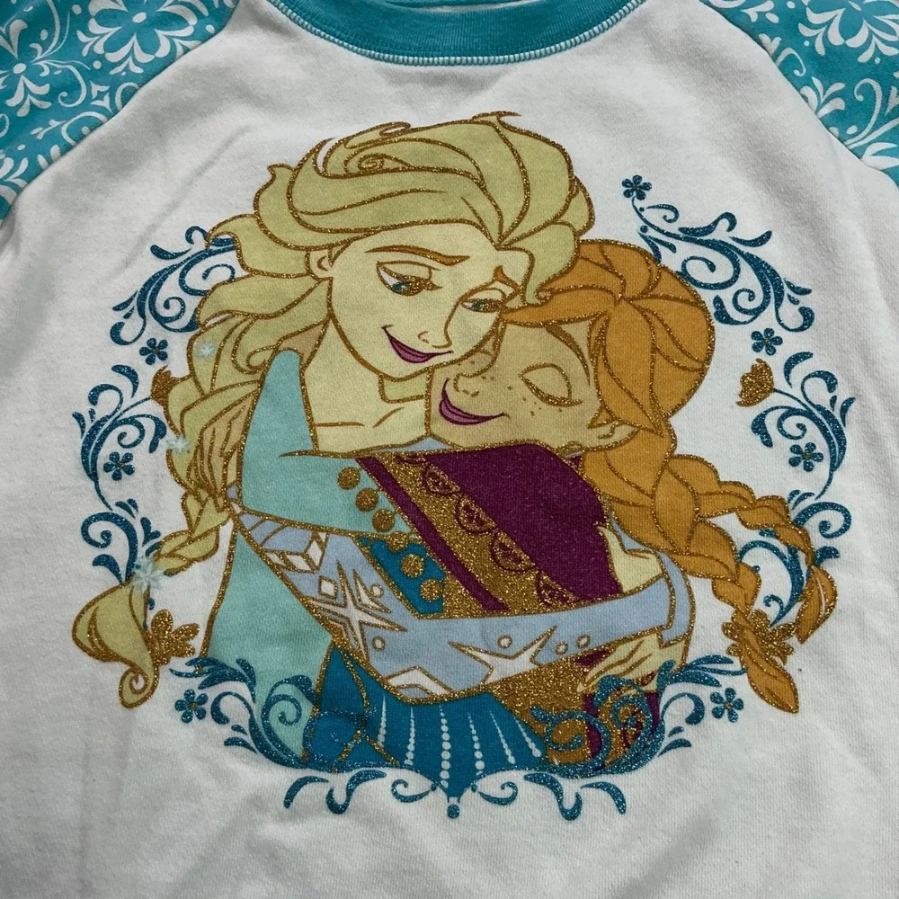 Disney Frozen Teal White Sweatshirt Kids XL/6X Elsa Anna Glitter Raglan Sleeves